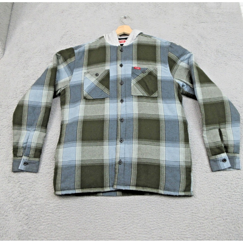 Wrangler Jacket Mens Medium Green Blue Plaid Hooded Flannel Quilted Shacket